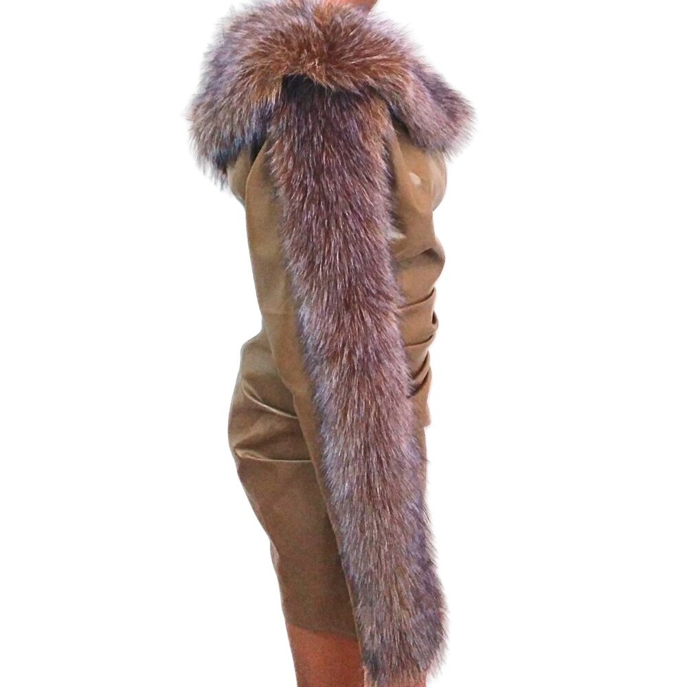 WOMEN'S TAUPE OFF THE SHOULDER BROWN AND GRAY FAUX FUR SHIRT DRESS - XXS - Picture 7 of 8